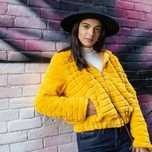 Yellow Faux Fur Hooded Jacket